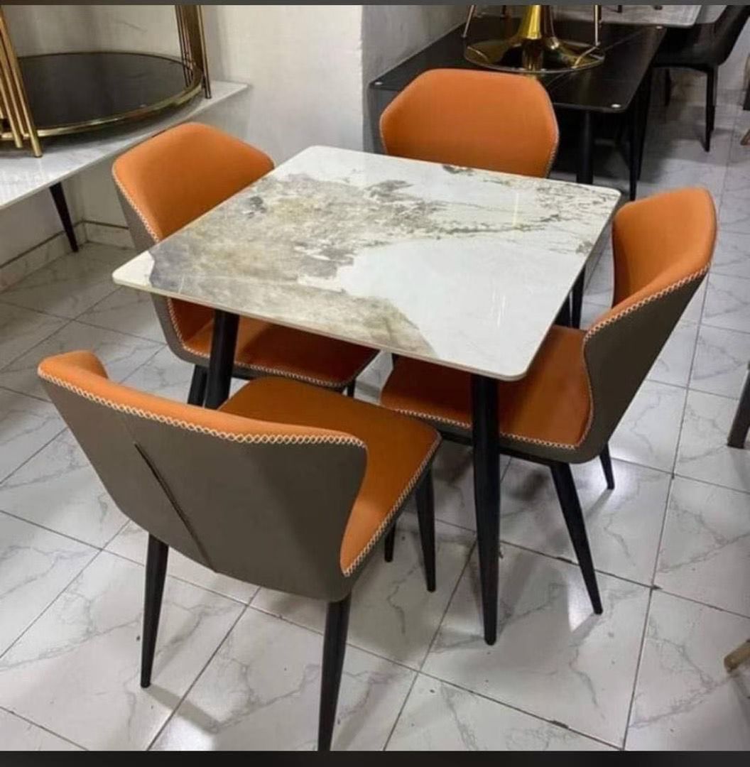 Marble Top Dining Table with 4 Leather Chairs